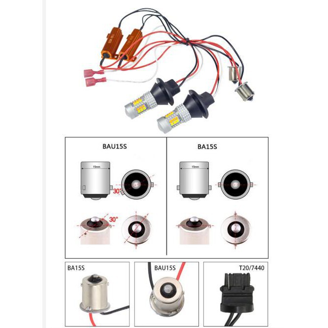 Set 2 Đèn LED Xi Nhan Kevanly T20 Drl Ba15S P21W Bau15S Py21W 7440 W21W T25 3156 3030chips 30SMD 12V