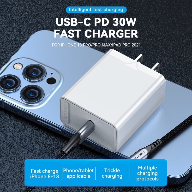 Củ sạc nhanh Vention cổng Type-C USB 3.0 30W PD cho Huawei, Samsung, Xiaomi portable charger Fast Charger Support Type C PD