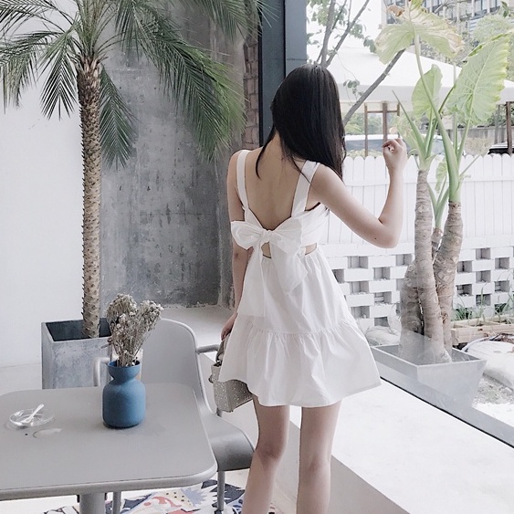 Đầm đi biển SUXI hở lưng màu trơn cột nơ phong cách Hàn Quốc thời trang mùa hè