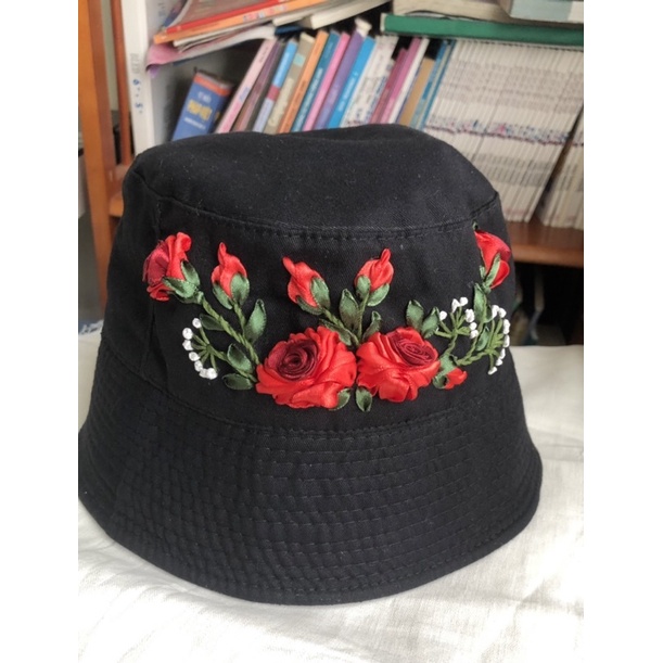 Mũ(nón) bucket nữ hoa hồng thêu tay