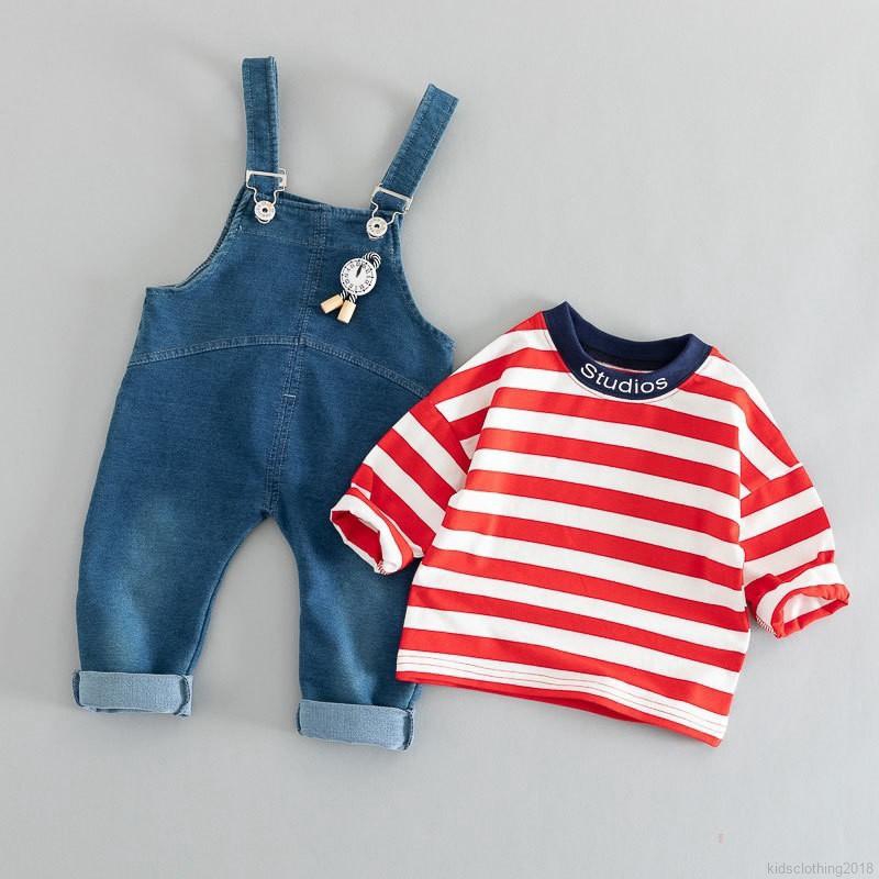 Set áo thun dài tay cổ tròn + quần yếm jeans dạng yếm thời trang cho bé trai