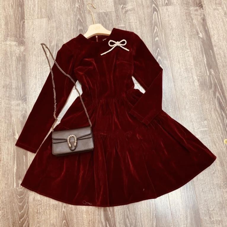 Bán sỉ váy nhung xòe kèm nơ tag đá