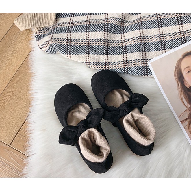 𝖙𝖍𝖊 𝖇𝖑𝖚𝖊 - CÓ SẴN Giày búp bê quai nơ da lộn phong cách nữ sinh Hàn Quốc