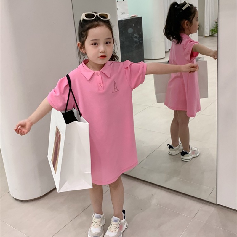 Đầm Tay Ngắn Cổ Bẻ Thêu Họa Tiết Thời Trang Mùa Hè Cho Bé Gái