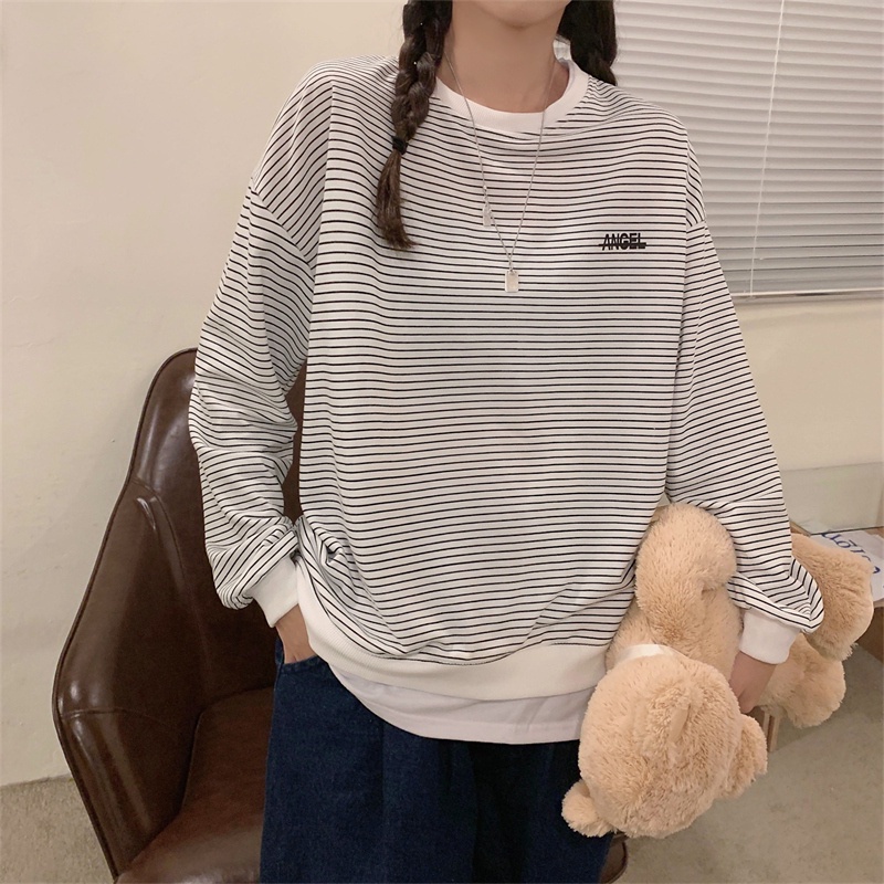 Áo sweater tay dài cổ tròn kẻ sọc kiểu retro cá tính