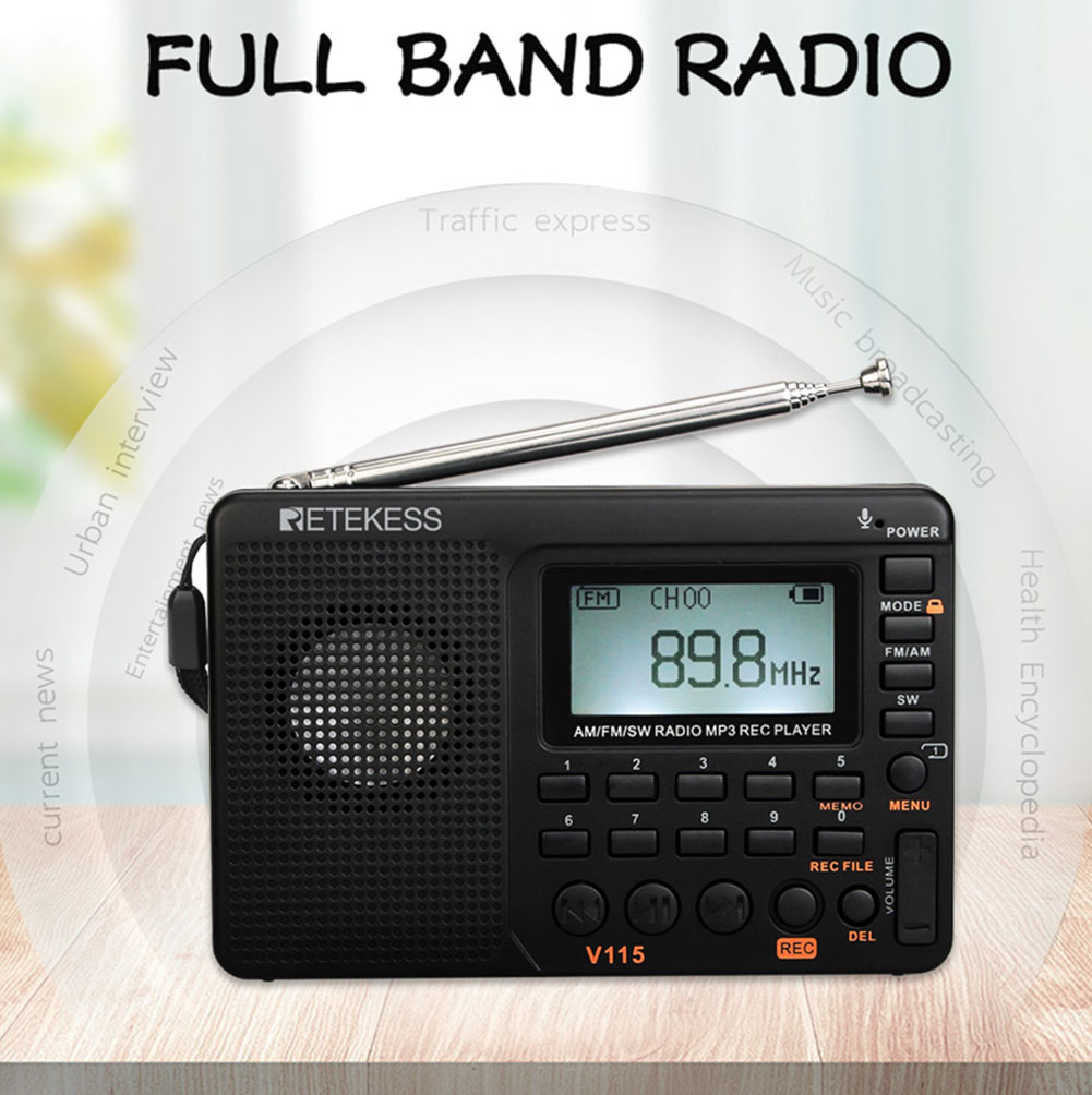  V115 Radio AM FM SW Radio bỏ túi FM sóng ngắn Hỗ trợ thẻ TF Máy ghi âm USB Thời gian ngủ