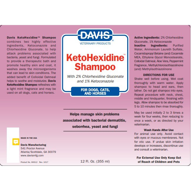 Sữa Tắm Davis Ketohexidine - Thể Tích 355ml - Dành Cho Thú Cưng - Sản Phẩm Nổi Tiếng Trong Việc Hỗ Trợ Vấn Đề Về Da