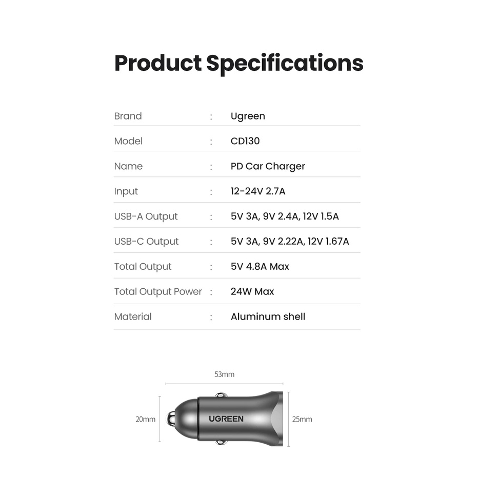 Cốc Sạc Nhanh Xe Hơi Cổng USB  3.0 &amp; Type C PD 20W Ugreen CD130 - BH 18T Chính Hãng