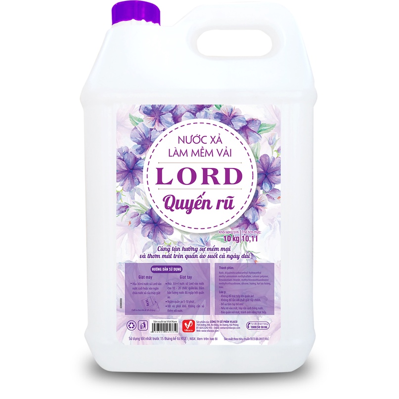 Nước xả làm mềm vải Lord 10kg hương Quyến rũ (tím), Ngọt ngào (hồng), Nắng mai (xanh)