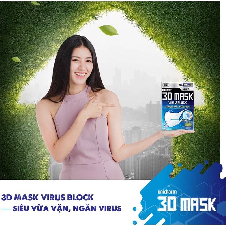 Khẩu trang ngăn vi khuẩn Unicharm 3D Mask Virus Block size M gói 5 cái [Chính Hãng] [Rẻ Vô Địch]