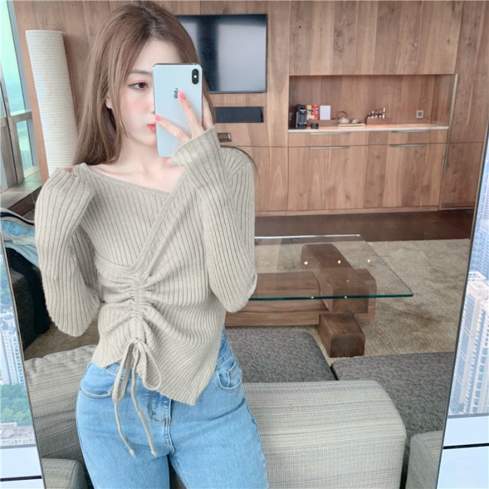 Áo len ZHELIHANGFEI dệt kim tay dài cổ chữ V phối dây rút thiết kế lệ