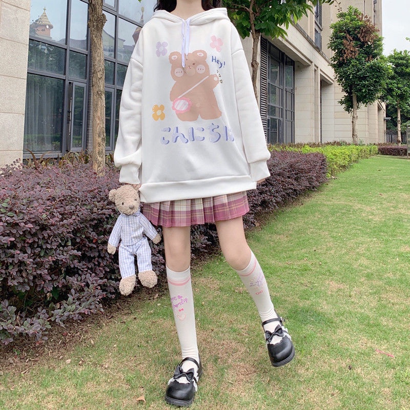 Áo hoodie dáng rộng in hình gấu hoạt hình phong cách Nhật Bản