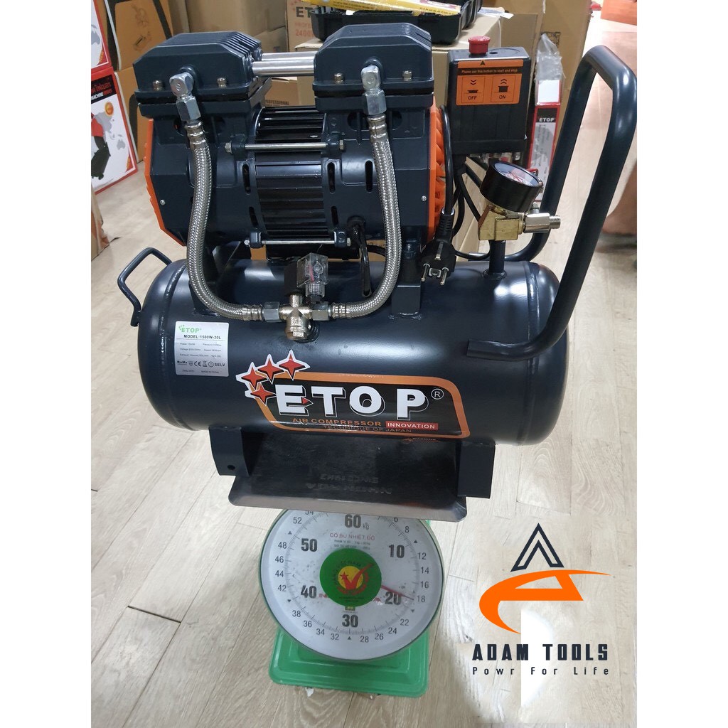 MÁY NÉN KHÍ KHÔNG DẦU 2 ĐẦU NẠP XẢ ETOP 1500W- BÌNH 30L - BH 12 tháng