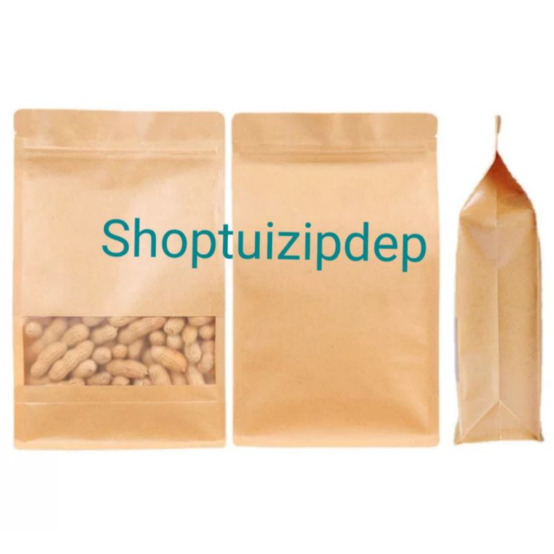 1Kg túi zip giấy kraft màu nâu vàng 8 cạnh, cửa sổ tràn, Cán Màng, chống thấm tốt, hàng loại đẹp