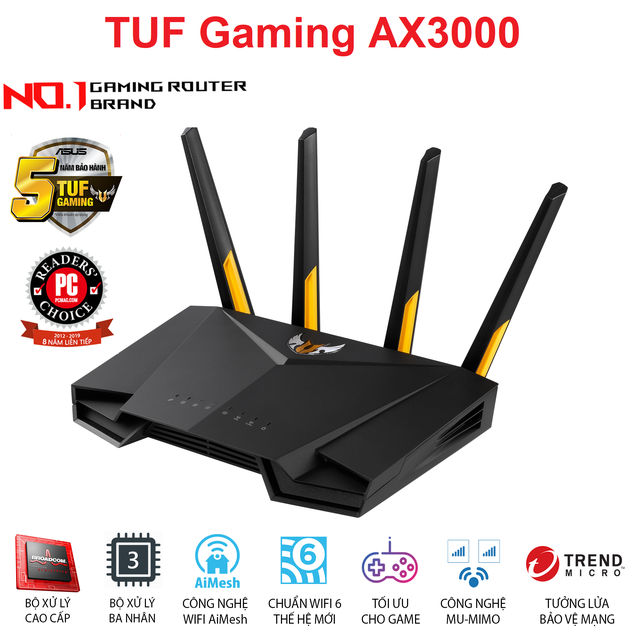 Router Wifi 6 ASUS TUF Gaming AX3000 Băng Tần Kép TUF-AX3000 - Hàng Chính Hãng