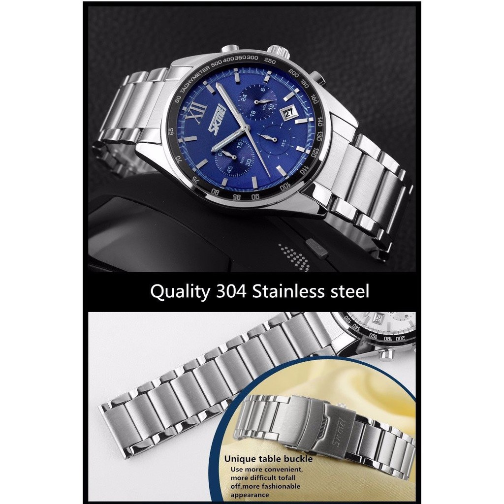 Đồng hồ Nam SKMEI 9096 chạy 6 kim dây thép - Tặng kèm Hộp, Pin và Tháo dây | BigBuy360 - bigbuy360.vn