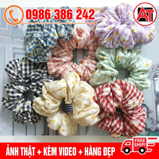 ⚡ [BÁN SỈ] Dây Buộc Tóc Scrunchies Vải Thô Caro Hoa Cúc (Cột Tóc Scunchies) Hàn Quốc Cho Nữ