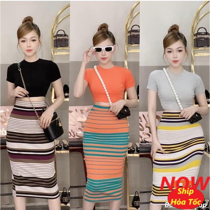 Set bộ nữ chân váy sọc phối áo thun body croptop chất vải thun Borip 4 chiều FreeSize dưới 53kg