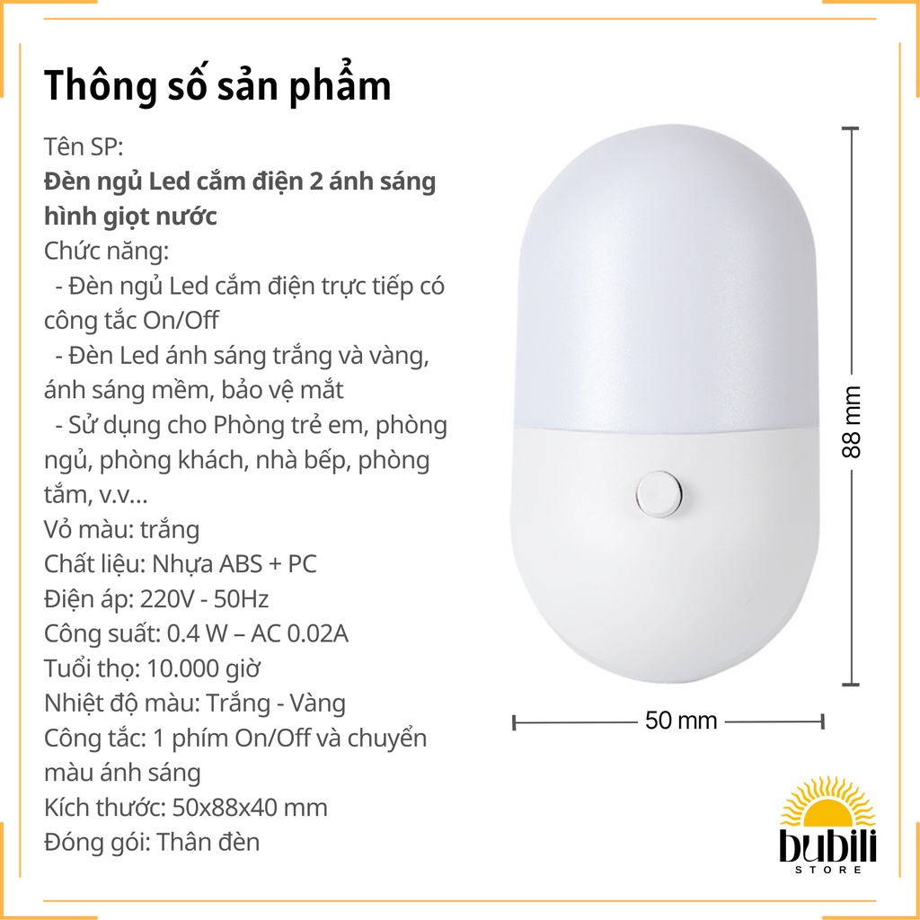 Đèn ngủ Cắm điện Ánh sáng 2 màu Hình giọt nước | BigBuy360 - bigbuy360.vn