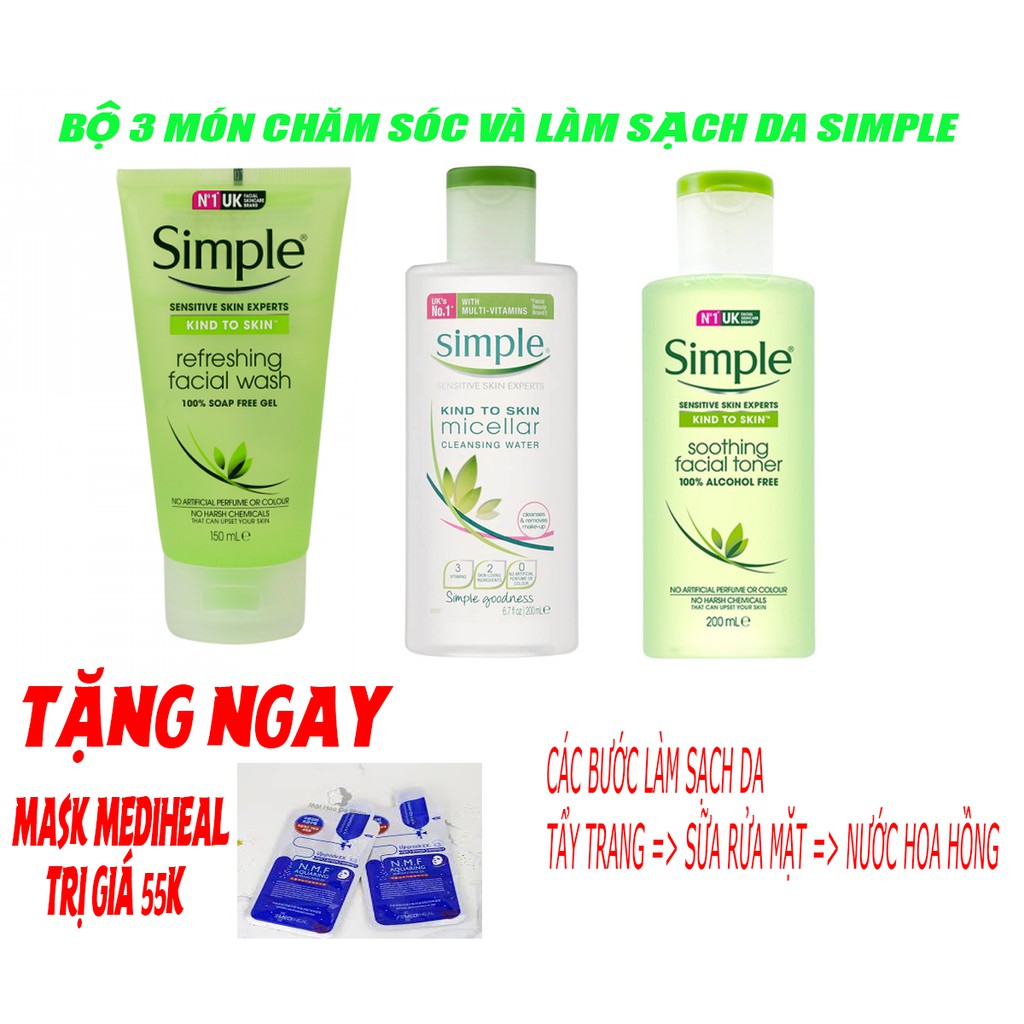 (combo+quà) 3 món dưỡng da simple ( tẩy trang , sữa rửa mặt , tonner ) full size.