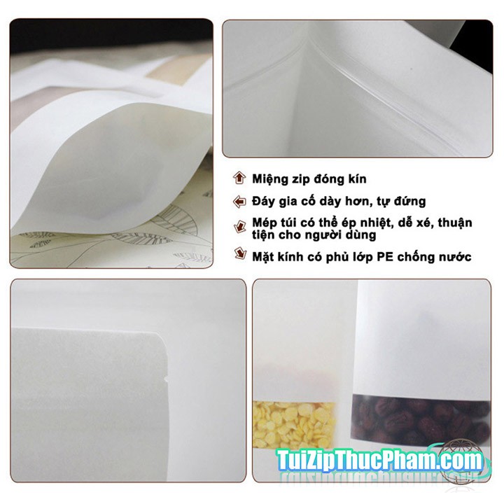 100 Cái Túi Zip MIS Size 12x20 cm đựng 100g Bột Mịn, Túi Giấy Kraft Trắng Có Cửa Sổ, Phủ BOPP CPP chống ẩm tốt