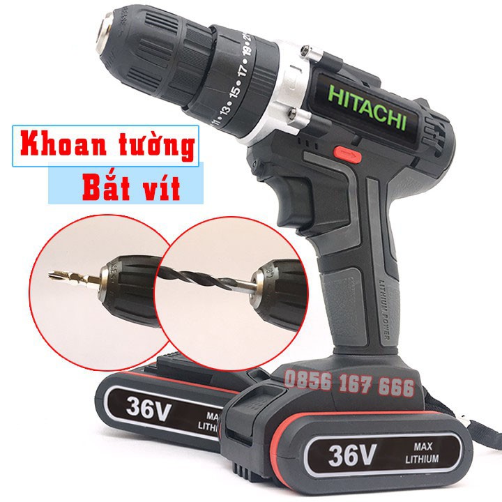 (Tặng bộ phụ kiện 22 chi tiết) Máy Khoan Pin Hitachi 36V 3 Chức Năng - Khoan Bê Tông - Bắt Vít - Hitachi 36V