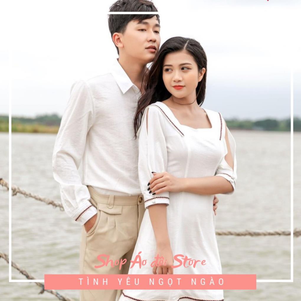 Bộ áo váy sơ mi cặp cao cấp, đồ đôi nam nữ  dễ thương, chất đẹp để chụp hình cưới, đi du lịch