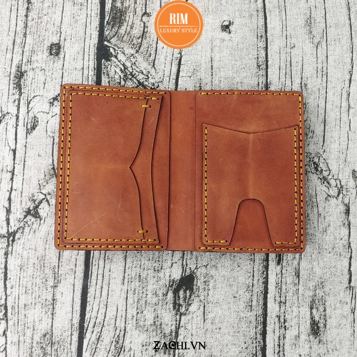 Bóp ví nam, ví đứng Nam da bò thật handmade VN213 Màu Nâu đỏ/Nâu socola - RIM