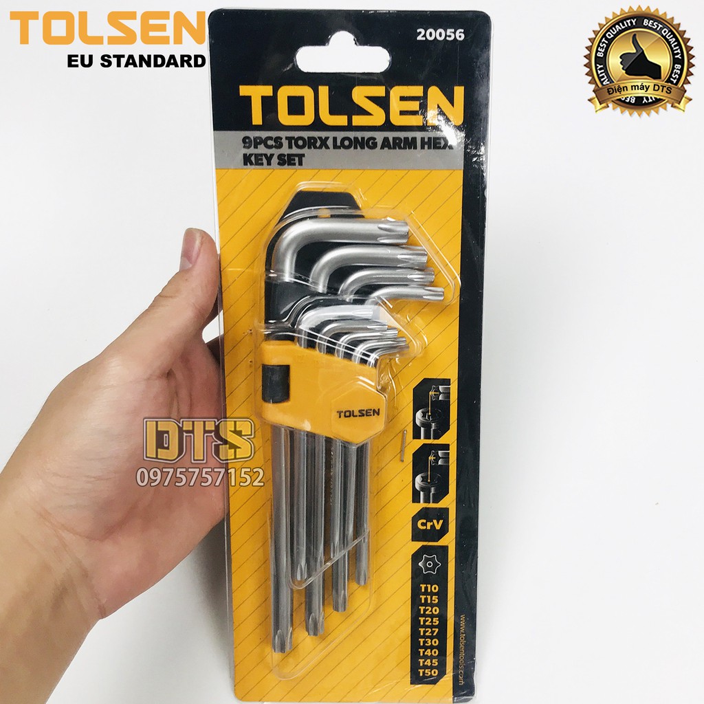 Bộ lục giác hoa thị ngắn có lỗ TOLSEN 9 chi tiết T10 - T50, bộ lục giác bông thép CrV - Tiêu chuẩn xuất khẩu Châu Âu