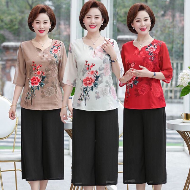 Hàng nhập Áo nữ trung niên cao cấp chất phi lụa in nền hoa 3D sang trọng QCNP1828