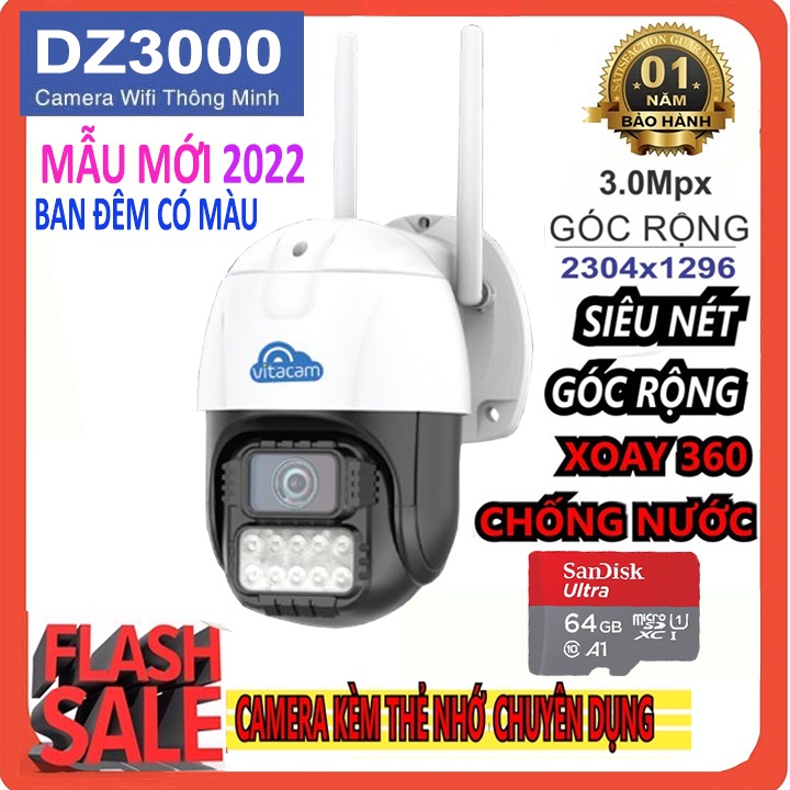 [XẢ HÀNG] Camera  Ngoài Trời VITACAM DZ 3000 Xoay 360° Siêu nét 3.0 Mpx Chống Nước- Ban Đêm Có Màu- CHUAN