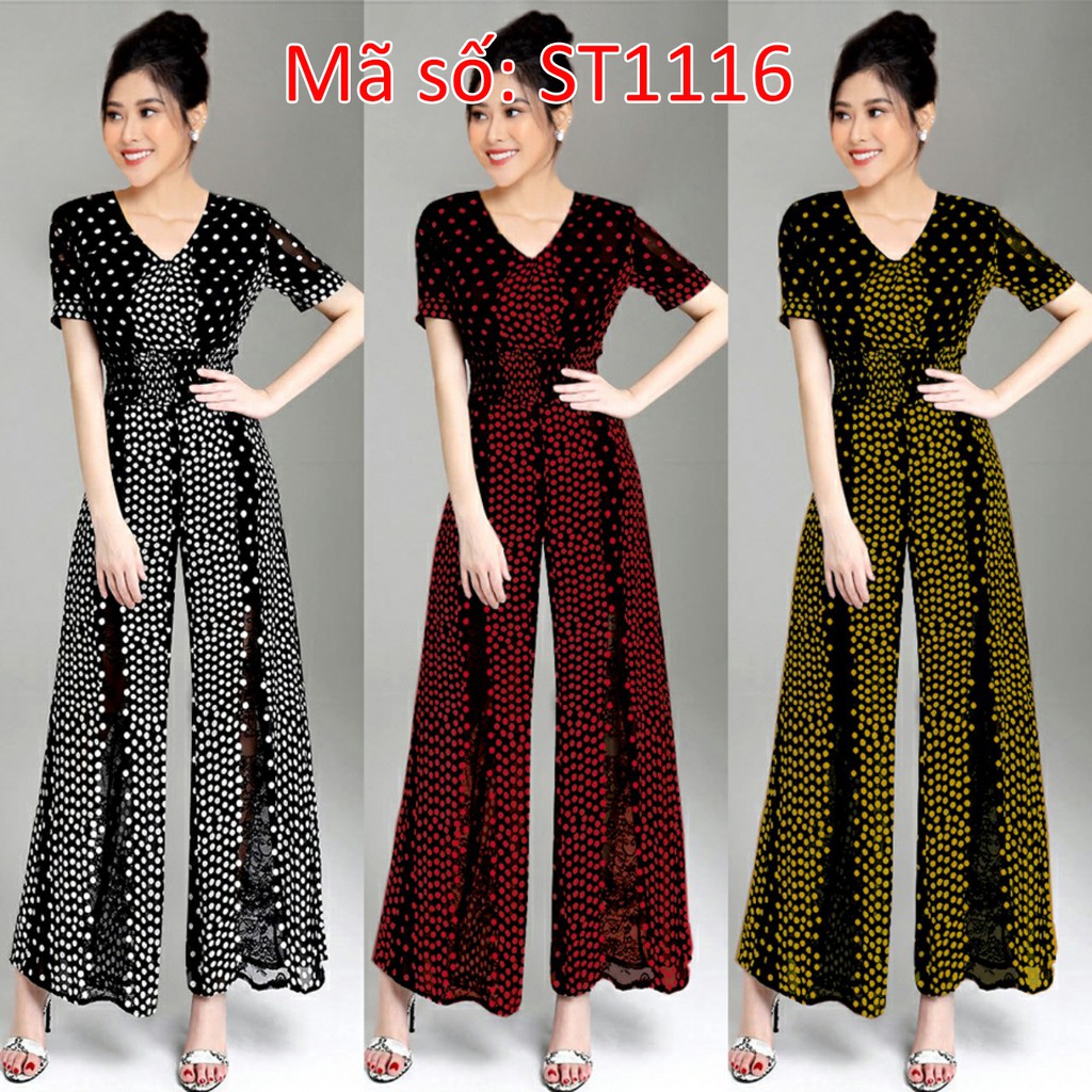 ➡️#ST1116 Jumpsuit đồ bay dài ống suông cổ tim chấm bi xếp ly bụng xinh xắn