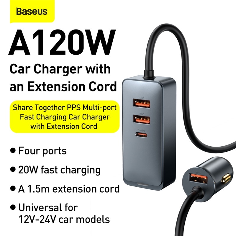 Baseus 4 Port 120W USB Car Charger Quick Charge PPS Fast Charging PD 20W Type C For iPhone