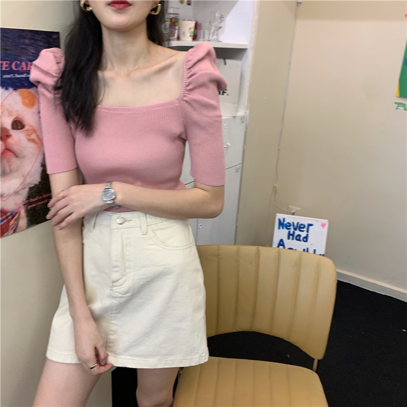 Áo lửng tay phồng cổ vuông màu trơn dễ thương thời trang dành cho nữ | BigBuy360 - bigbuy360.vn