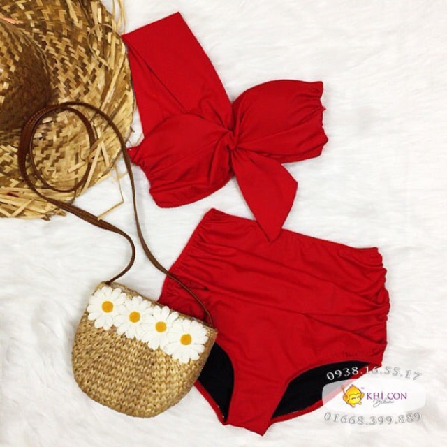 Bikini 2 mảnh, đồ bơi lưng cao, áo quả ngang lệch vai nâng ngực sành điệu