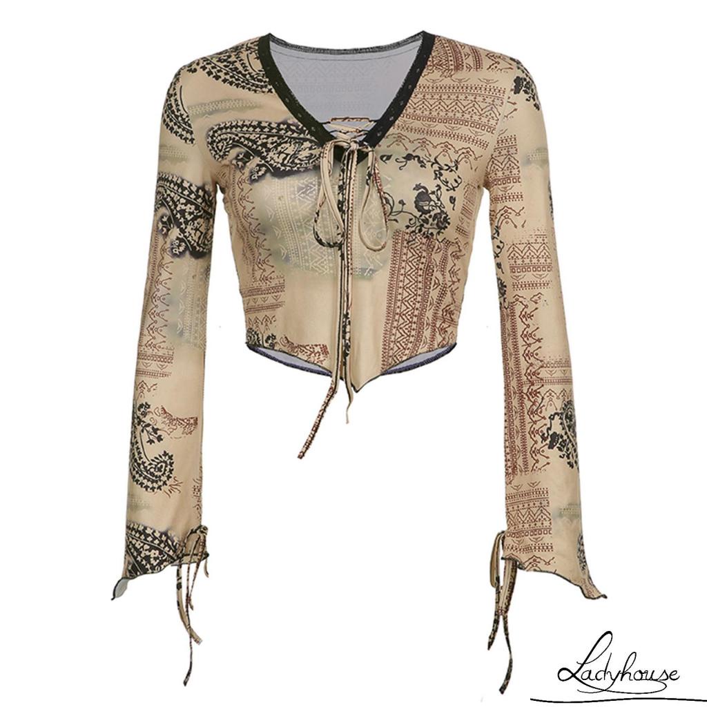 Áo thun tay dài cổ chữ V hở rốn in họa tiết trừu tượng cổ điển dành cho nữ