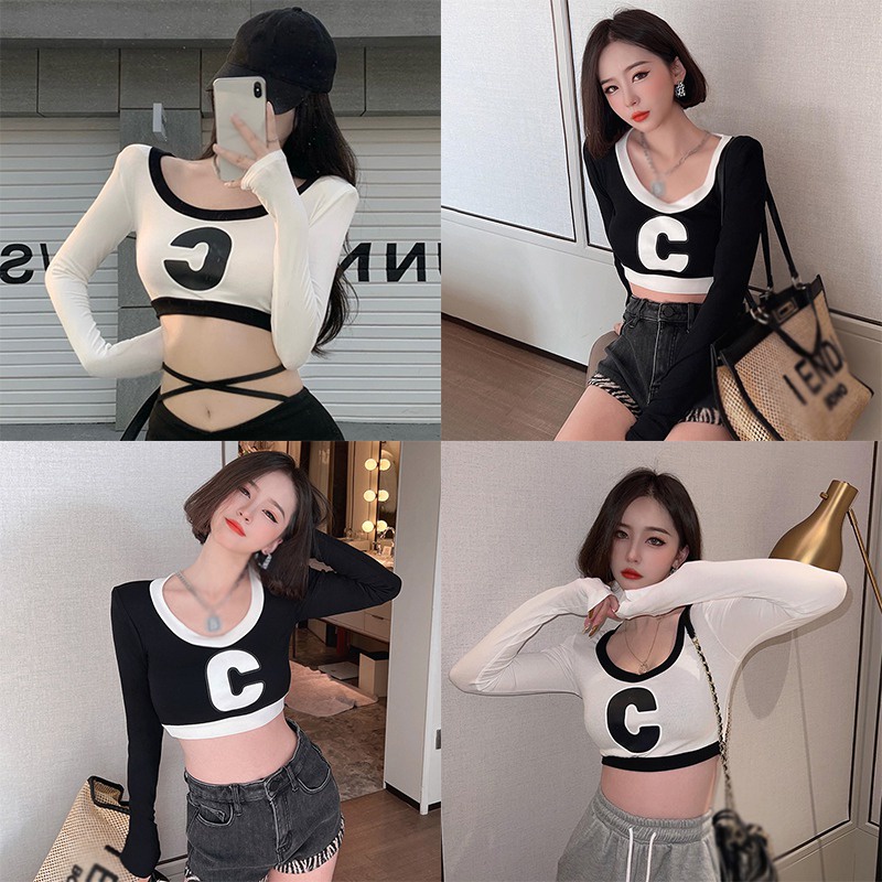 Áo Thun Lửng Tay Dài Cổ Tròn In Chữ Màu Sắc Khối Màu Phong Cách Hàn Quốc Dành Cho Nữ