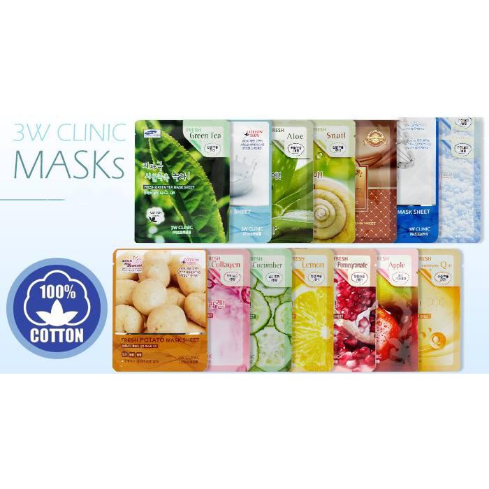 Bộ 10 gói Mặt nạ dưỡng da ẩm mượt chiết xuất lô hội 3W Clinic Fresh Aloe Mask Sheet