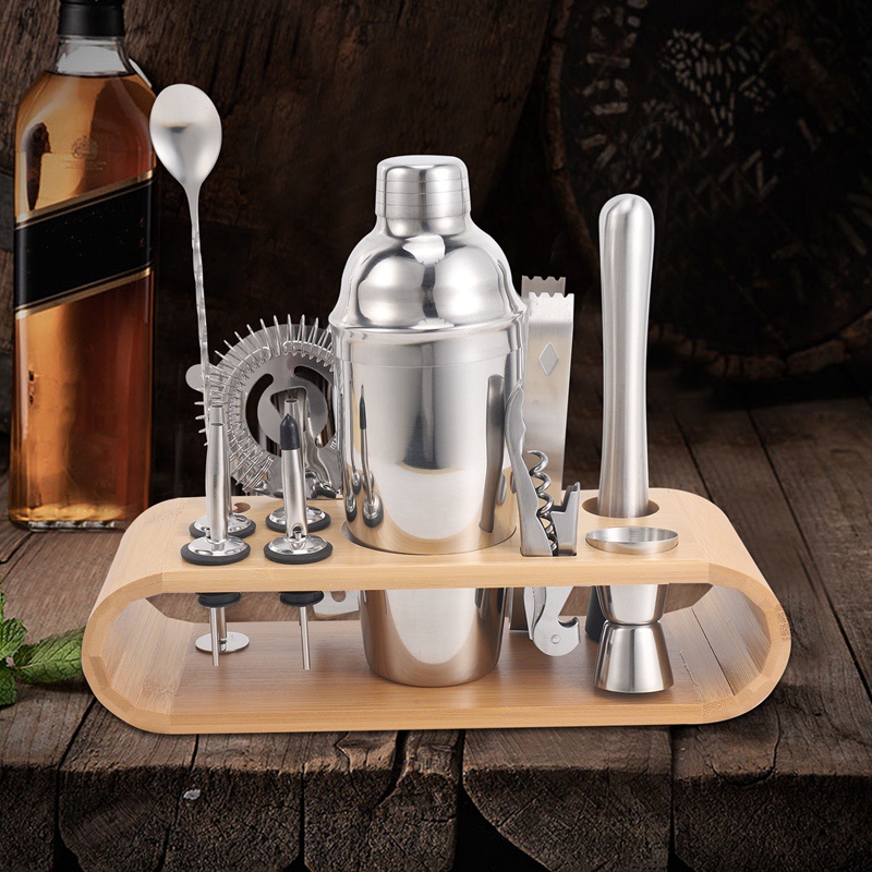 Bộ Dụng Cụ Pha Chế Cocktail 12 Món Bằng Thép Không Gỉ Kèm Giá Đỡ Tiện Lợi Dành Cho Bartender