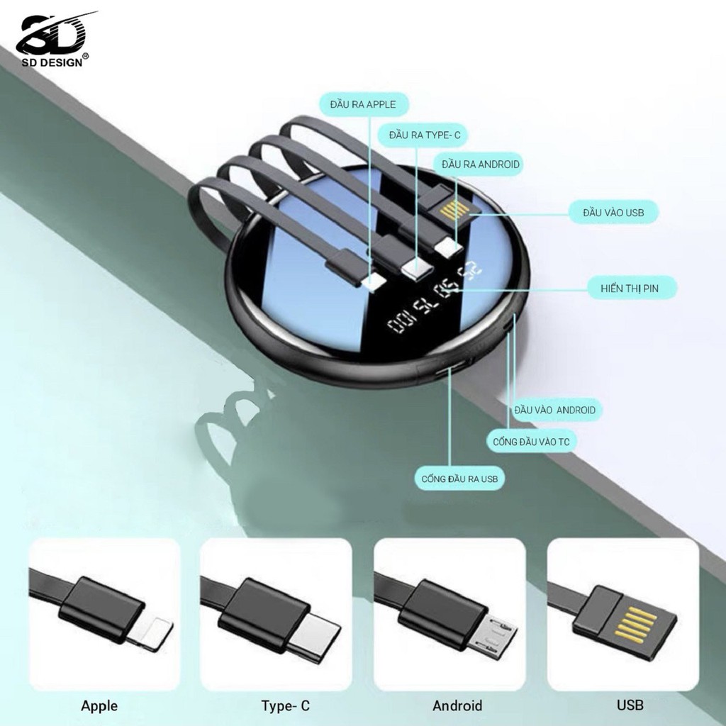 Sạc Dự Phòng Mini Chính Hãng G03 Cho iPhone Samsung Xiaomi Oppo Huawei Tích Hợp 4 Cáp Sạc+Màn Led Pin 6000mAh