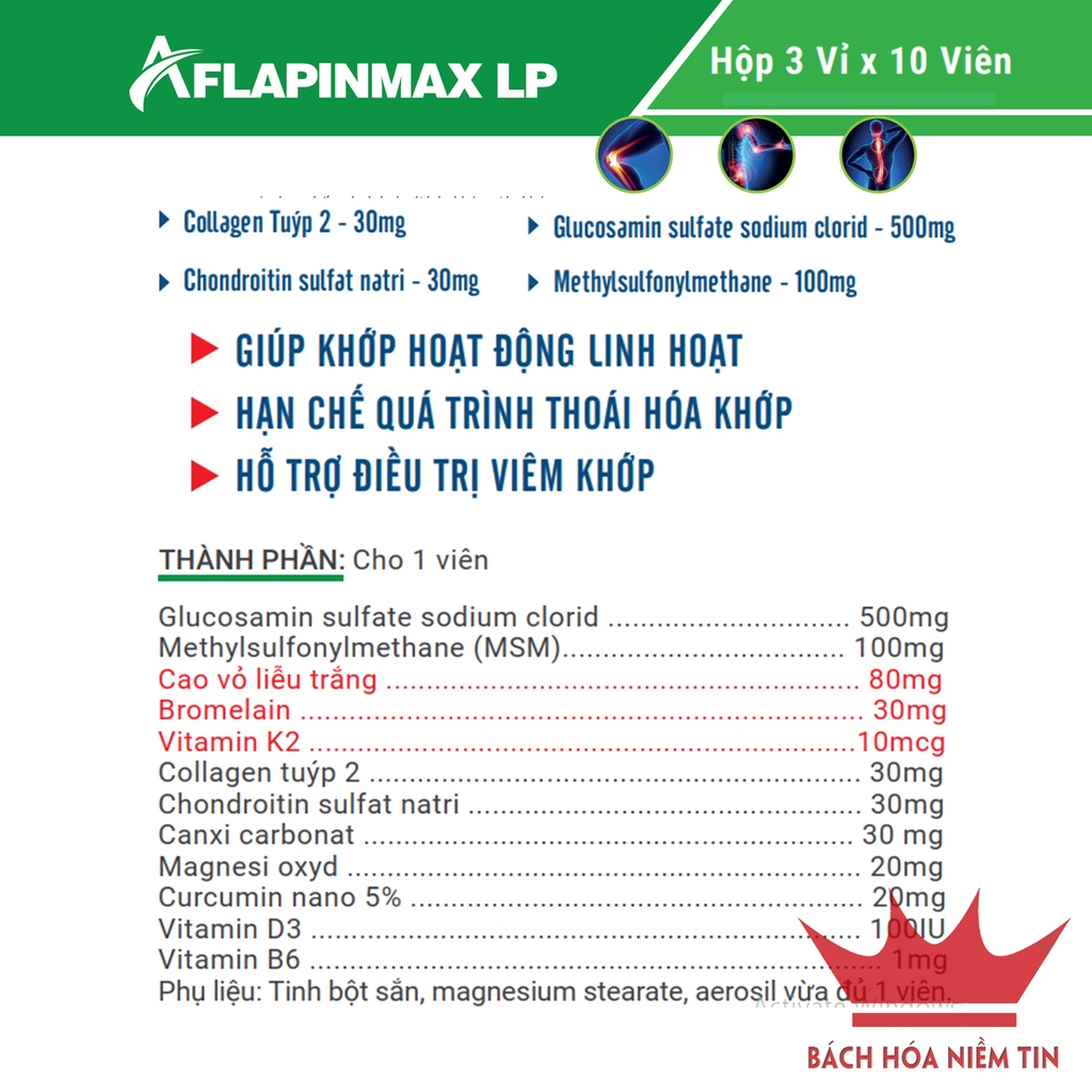 Viên uống giảm đau nhức xương Khớp AFLAPINMAX LP - thành phần glucosamin kết hợp thảo dược - Hộp 60 viên