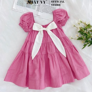 Đầm Bé Nhật Vy Tay Ngắn Bo Chun Phối Nơ To Dáng Xòe Công Chúa Chất Lụa Xước Màu Trắng, Hồng - D1733
