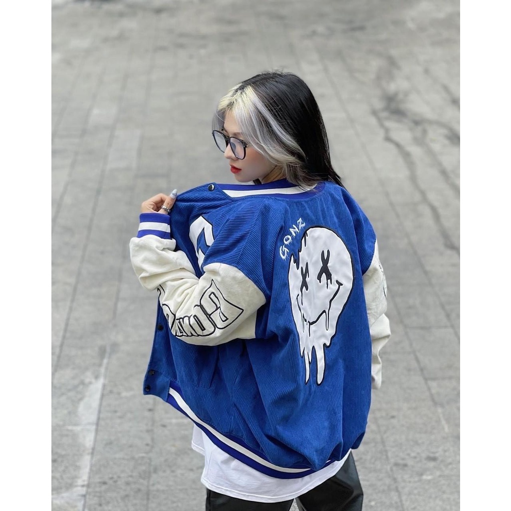 Áo varsity jacket nhung tăm 2 lớp Hình thêu 100%. Áo khoác bomber unisex form rộng nam nữ Gonz Bóng chày cao cấp