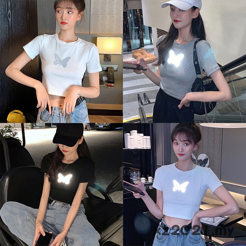Áo Crop Top Nữ In Hình Bướm Màu Trắng Đen