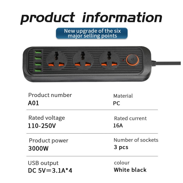 Ổ Điện A01 Đa Năng 220v, Chống Cháy Nổ - Chống Giật - Có 4 Cổng USB Sạc Nhanh QC3.0 - Chịu Tải 3000W - Bảo Hành 24 Tháng