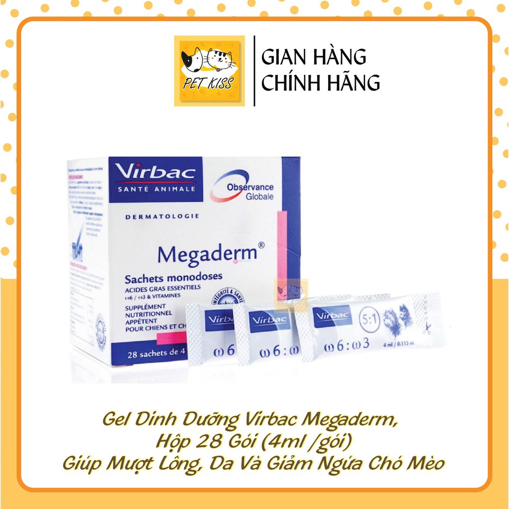 Hộp Gel dinh dưỡng Virbac Megaderm giúp mượt lông, da và giảm ngứa Chó Mèo, hộp 28 gói (4ml/gói)