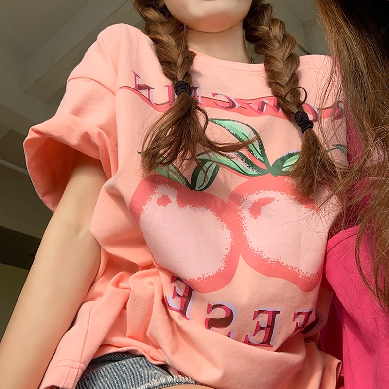 SUXI Áo Thun Ngắn Tay Dáng Rộng In Hình Trái Cây Phong Cách Cổ Điển Thời Trang Mùa Hè Cho Nữ