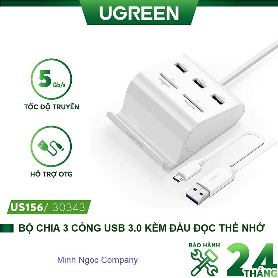 HUB Bộ chia 3 cổng USB 3.0 tích hợp OTG kèm đầu đọc thẻ nhớ đa năng chính hãng Ugreen 30343