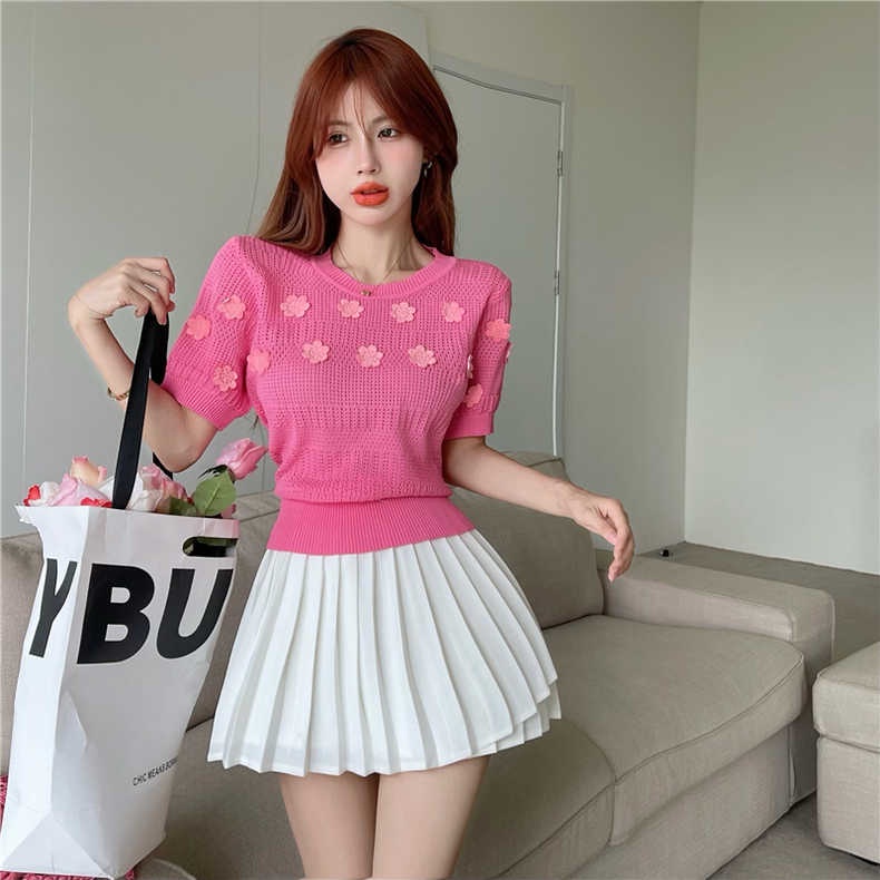 Áo thun ZHELIHANGFEI tay ngắn phồng họa tiết hoa dễ phối đồ thời trang cho nữ