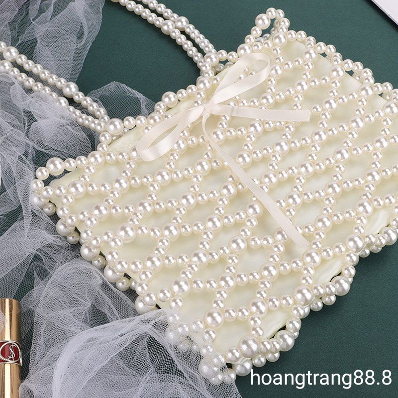 Túi xách tay kết hạt cườm giả ngọc trai dáng hình thoi phong cách tiểu thơ